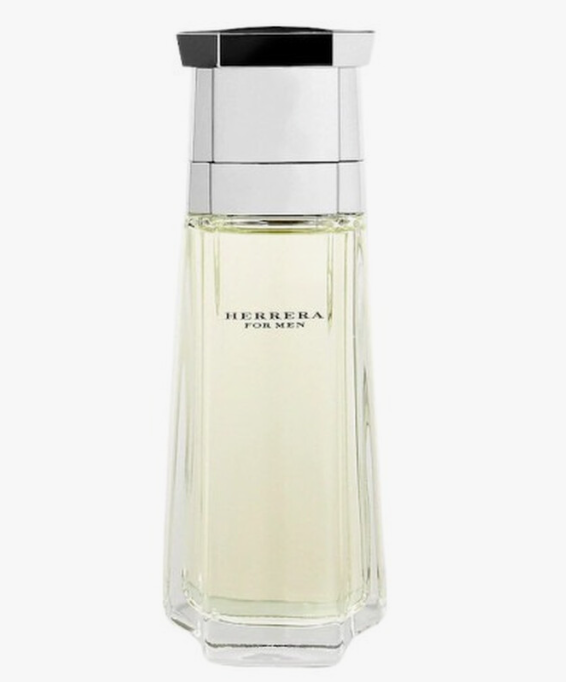 Herrera For Men Eau de Toilette bottle with a clear faceted glass body showing pale yellow liquid, a silver metallic collar, and a black cap, on a light gray background.