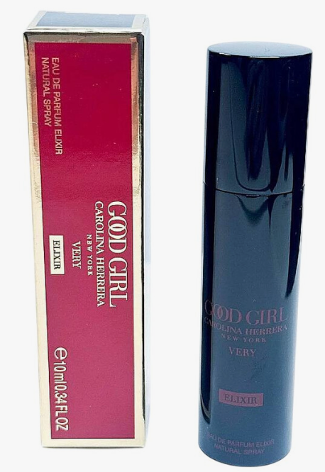 God Girl by Carolina Herrera Very Relieve Eau de Parfum spray bottle next to its original red and gold packaging box.