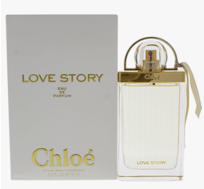 Chloé Love Story Eau de Parfum bottle next to its white packaging box with gold lettering, on a white background.