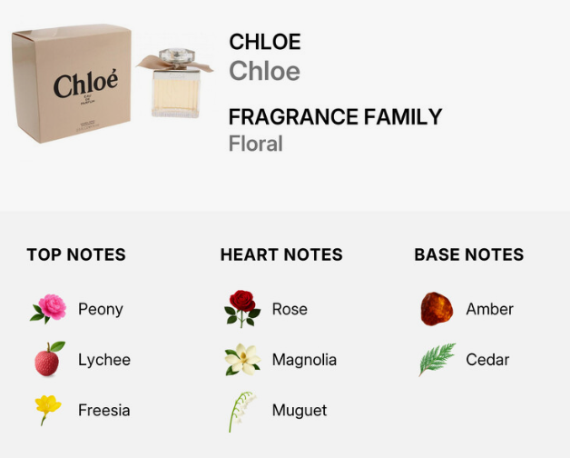 Chloé Fragrance Family Floral collection graphic showing a kraft paper box, a perfume bottle, and a scent breakdown with top notes Peony, Lychee, and Freesia; heart notes Rose, Magnolia, and Muguet; and base notes Amber and Cedar.