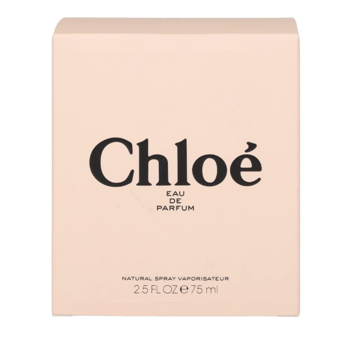 Chloé Eau de Parfum natural spray vaporisateur box, 2.5 fl oz (75 ml), in a pale peach-pink color with black lettering.
