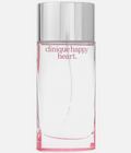Clinique Happy Heart Eau de Toilette spray bottle with a reflective silver cap and pink lettering on a clear glass bottle, set against a light gray background.