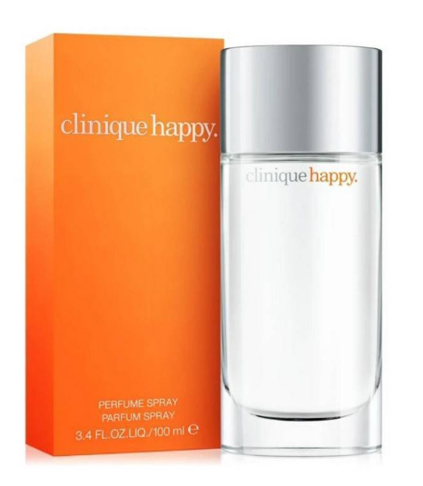 Clinique Happy Perfume Spray bottle with a reflective silver cap next to its bright orange packaging box, on a white background.