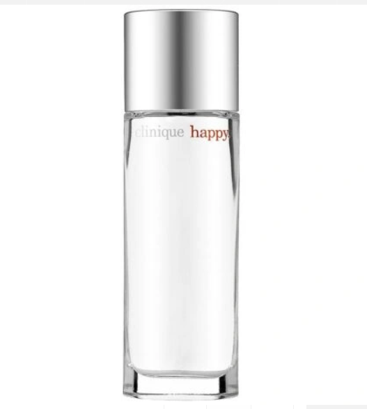 Clinique Happy Clear Serum in a clear glass bottle with a reflective silver cap, on a white background.