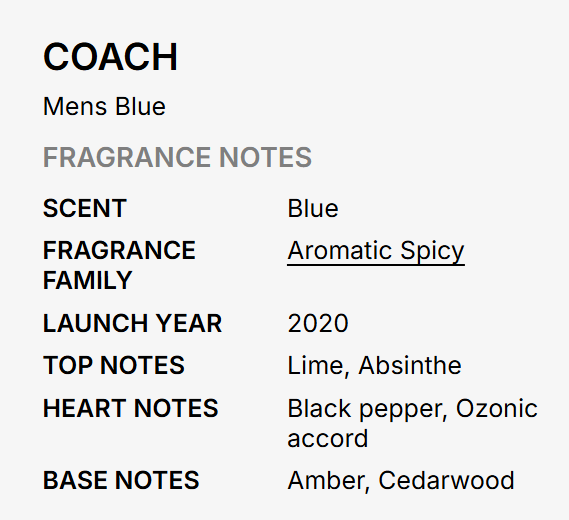 A text-based fragrance notes card for Coach Mens Blue, detailing scent, fragrance family, launch year, top notes, heart notes, and base notes on a light gray background.