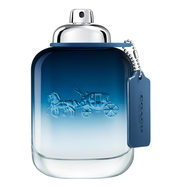Coach Blue Carriage Eau de Toilette bottle with a silver spray top and a blue hangtag featuring the embossed Coach logo.