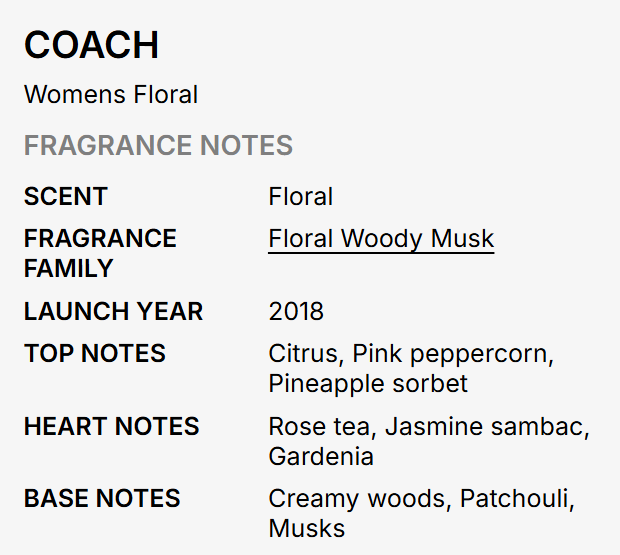 A text-based fragrance notes card for COACH Womens Floral, showing scent as Floral, fragrance family as Floral Woody Musk, launch year 2018, and top/heart/base notes in a clean black-and-gray layout on a white background.