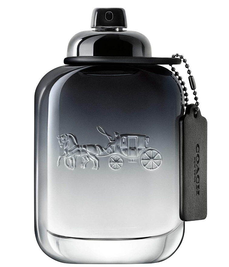 A Coach fragrance bottle with a black-to-clear gradient glass body, featuring the embossed Coach horse-and-carriage logo and a black hangtag attached by a ball chain, on a white background.
