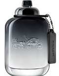 Coach Carriage Eau de Toilette bottle in a smoky black-to-clear gradient glass, featuring an embossed horse-drawn carriage logo and a black branded hangtag on a white background.