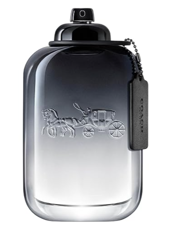 A Coach fragrance bottle with a black cap and a hanging black leather tag, featuring a silver horse-drawn carriage logo on a smoky transparent bottle that fades from dark gray at the top to clear at the bottom, on a white background.