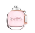 A pink glass perfume bottle with a silver spray top and a signature horse-drawn carriage logo embossed on the front, featuring a matching pink leather tag with a silver metal plate.