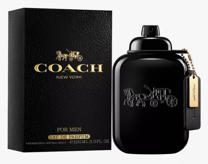 Coach New York Eau de Parfum for men, featuring a glossy black bottle with an embossed carriage logo and a black textured box with gold lettering, set against a plain white background.