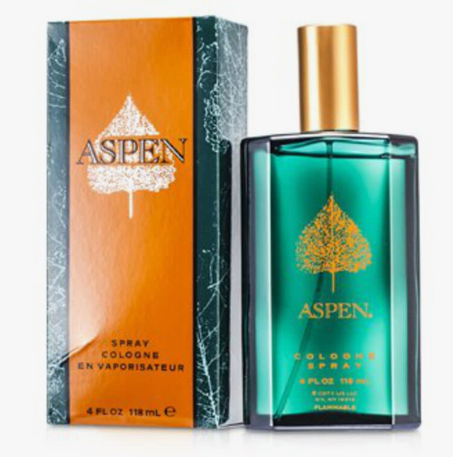 Aspen Cologne Spray bottle and its retail box. The bottle is rectangular with a vibrant green-teal liquid, a gold cap, and a gold tree logo.