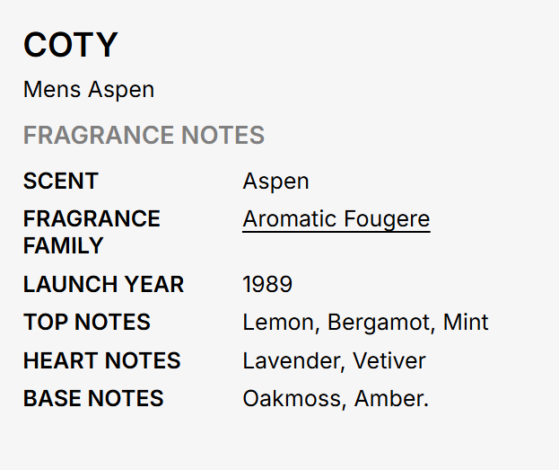 A text-based fragrance notes card for Coty's Mens Aspen, detailing the scent as Aspen, fragrance family as Aromatic Fougere, launch year 1989, and top, heart, and base notes.