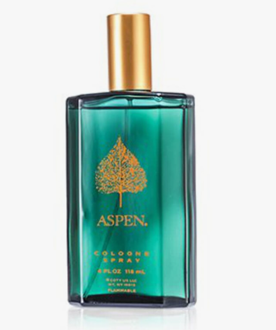 Aspen Cologne Spray in a rectangular green glass bottle with a gold tree logo and gold cap, on a white background.