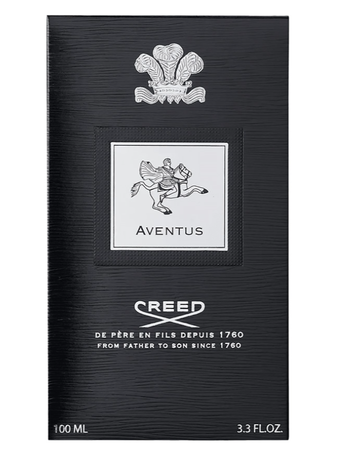Creed Aventus perfume box in textured black packaging with a silver crest and logo, shown against a plain white background.