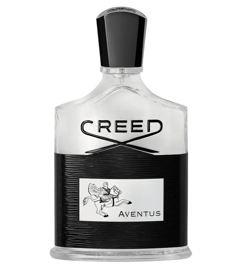 Creed Aventus Eau de Parfum bottle with a clear glass body, black textured lower section, black cap, and a white label featuring the Creed logo and Aventus name.