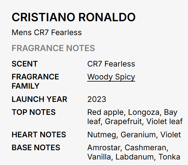
Cristiano Ronaldo CR7 Fearless Perfume for Men 3.4 oz EDT Spray fragrance note card