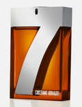 Cristiano Ronaldo CR7 perfume bottle with a large metallic silver number 7 on an amber-orange transparent rectangular bottle, on a light gray background.