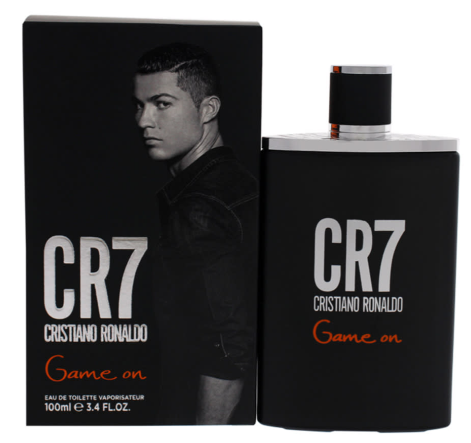 Cristiano Ronaldo CR7 Game on Eau de Toilette perfume bottle and its black packaging box, featuring a black and white portrait of Ronaldo on the box.