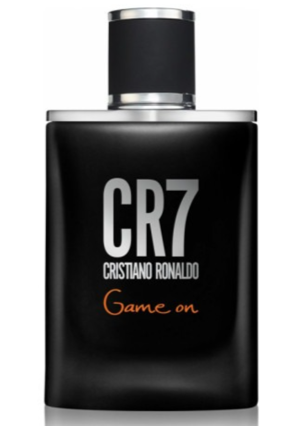 A black rectangular bottle of Cristiano Ronaldo CR7 Game on cologne with a black cap and silver accents, on a white background.