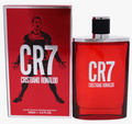 Cristiano Ronaldo CR7 Eau de Toilette perfume bottle and its retail box, both featuring a bold red design with a black and white soccer player silhouette and large white 'CR7' text.