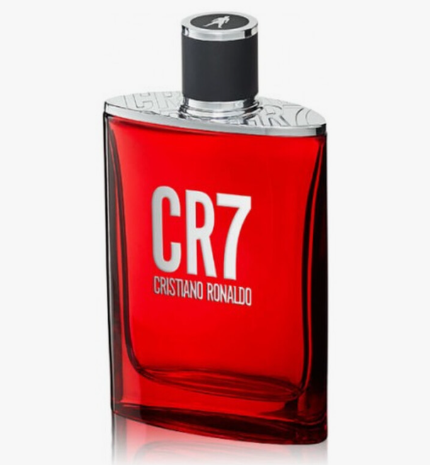Cristiano Ronaldo CR7 Eau de Toilette perfume bottle in vibrant red glass with a black and silver cap, on a light gray background.