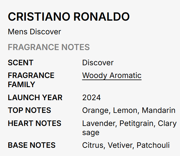 A text-based fragrance notes card for Cristiano Ronaldo Mens Discover, detailing the woody aromatic scent profile with orange, lemon, mandarin, lavender, and citrus notes on a light gray background.