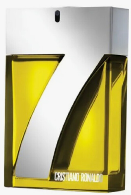 Cristiano Ronaldo 7 perfume bottle with a bold yellow and silver geometric design, featuring the brand name 'CRISTIANO RONALDO' at the bottom.