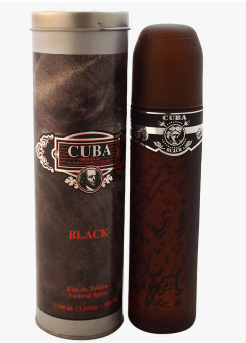 Cuba Black Eau de Toilette Natural Spray shown with its cylindrical packaging canister and the matching spray bottle, both in a dark brown and black color scheme on a white background.