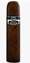 A dark brown cylindrical bottle with a textured pattern resembling a cigar, featuring a black and silver band labeled 'CUBA BLACK'.