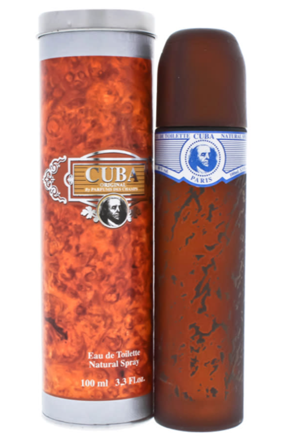 Cuba Original Eau de Toilette Natural Spray, 100 ml. The image shows the cylindrical cardboard packaging with a fiery orange-brown marbled pattern and silver cap, alongside the dark brown cylindrical spray bottle with a blue and white label.