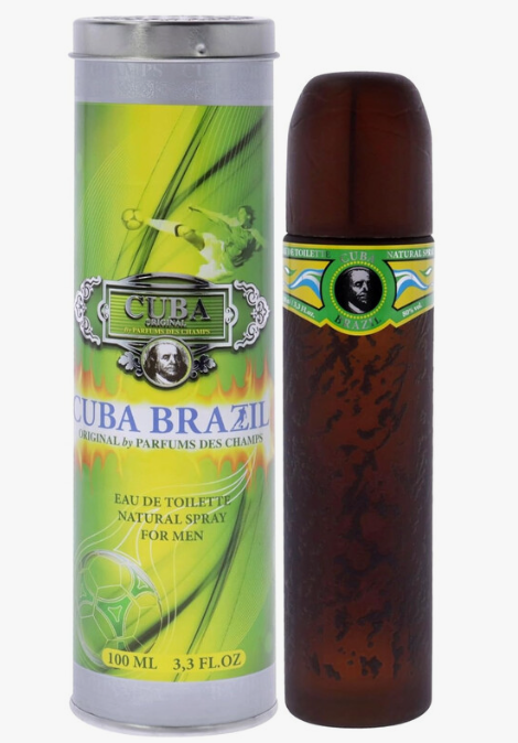 Cuba Brazil Eau de Toilette spray for men, shown with its green and silver cylindrical packaging canister next to a dark brown cylindrical bottle with a matching label.