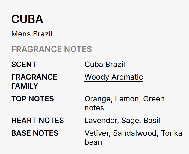 A text-based fragrance note card for 'CUBA' under the heading 'Mens Brazil'. It lists 'FRAGRANCE NOTES' including 'Scent' as 'Cuba Brazil', 'Fragrance Family' as 'Woody Aromatic', and details for top, heart, and base notes on a light gray background.