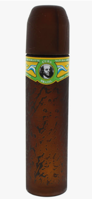 A brown cylindrical travel spray bottle with a matching brown cap, featuring a decorative label with a portrait of Joseph Pulitzer and the text 'Cuba ' and 'Brazili'.