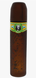 A brown cylindrical travel spray bottle with a matching brown cap, featuring a decorative label with a portrait of Joseph Pulitzer and the text 'Cuba ' and 'Brazili'.