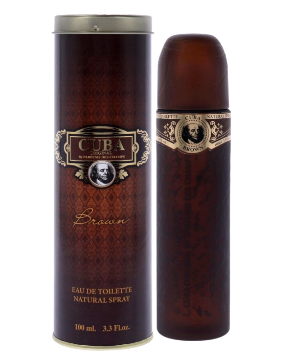 Cuba 1843 'Brown' Eau de Toilette natural spray bottle and its matching cylindrical packaging box, both in a dark brown color with gold and silver accents, on a white background.