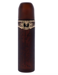 A brown cylindrical bottle with a matching brown cap, featuring a decorative gold and black band around the middle with a portrait.