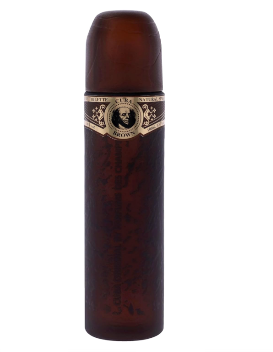A brown cylindrical bottle with a matching brown cap, featuring a decorative gold and black band around the middle with a portrait.