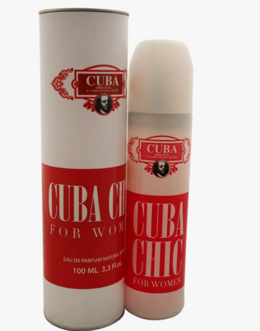 Cuba Chic For Women Eau de Parfum bottle and its matching cylindrical packaging box, featuring a red and white design with a vintage portrait logo.