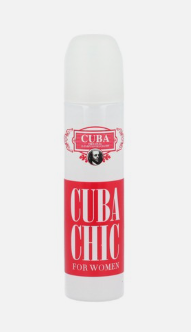 A white cylindrical bottle with a white cap and a bold red-and-white label reading 'CUBA CHIC FOR WOMEN' on a light gray background.