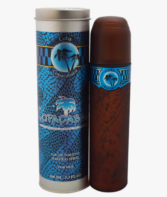 A 100 ml bottle of Copa Cabana Cuba Eau de Toilette Natural Spray next to its blue and silver cylindrical packaging container, displayed on a clean white background.