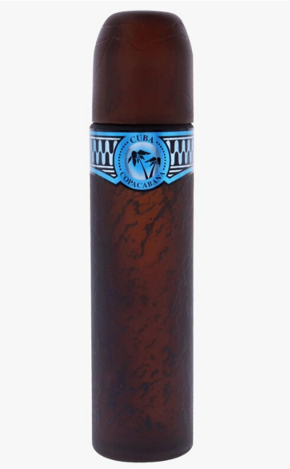 A dark brown cylindrical bottle with a textured finish, featuring a blue and white band around the middle with the text 'CUBA COPA CABANA' and a palm tree graphic, set against a plain white background.