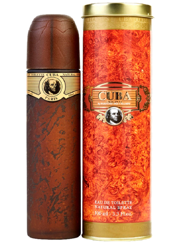 Cuba Naturalis Eau de Toilette spray bottle and its matching cylindrical packaging box, both featuring a Cuban cigar design with gold accents on a white background.