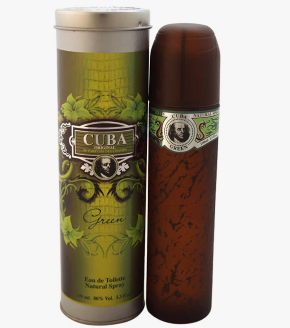 Cuba Green Eau de Toilette natural spray bottle next to its olive green cylindrical tin packaging, featuring vintage-style illustrations and branding.