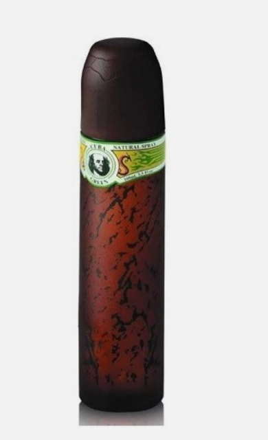 A cylindrical bottle of Cuba Green Perfume for Men with a dark brown cap and a textured reddish-brown body, featuring a green and white label.
