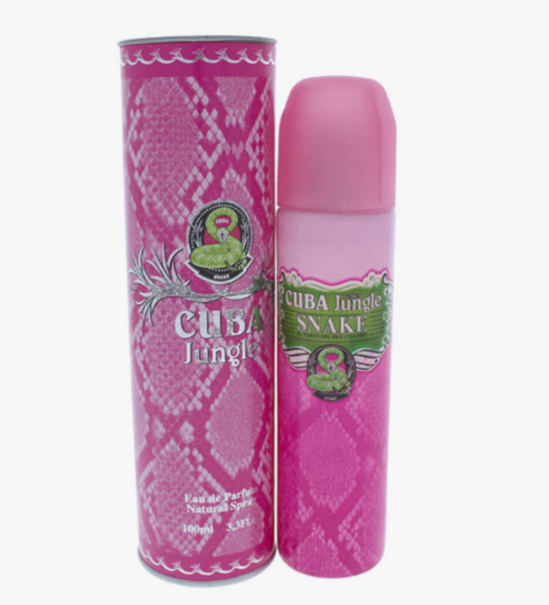 Pink Cuba Jungle Snake perfume bottle next to its matching pink cylindrical packaging box, featuring a snake skin pattern and a green snake logo, on a white background.