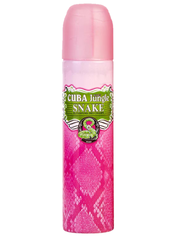 A pink spray bottle of Cuba Jungle Snake perfume, featuring a pink snakeskin pattern and a green label with a snake graphic, on a white background.