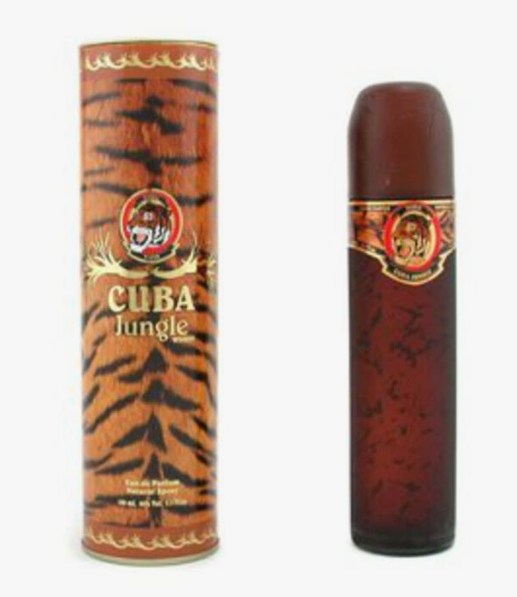 Cuba Jungle Tiger cologne bottle and its matching cylindrical packaging box, both featuring a tiger-stripe pattern in brown and orange with gold lettering, on a white background.