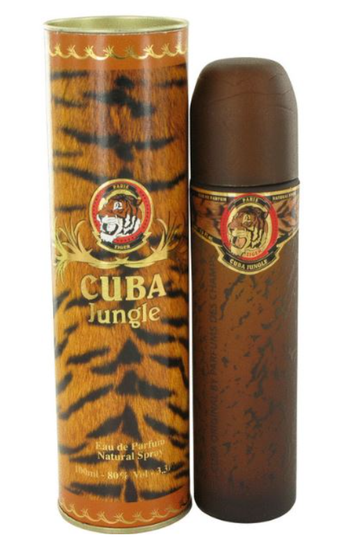 Cuba Jungle Eau de Parfum bottle and its matching cylindrical packaging box, both featuring a tiger-stripe pattern in orange, brown, and black with gold lettering.